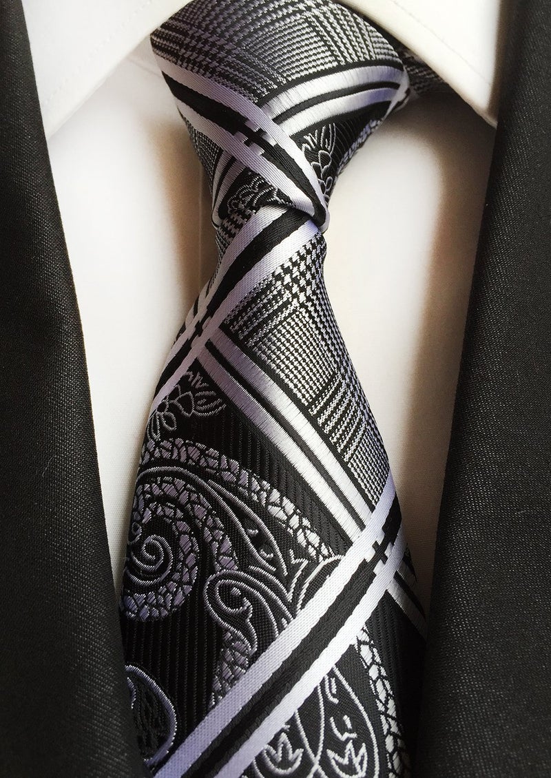 Elfeves Men's Black and White Ties Geometric Plaids Striped Patterned Wedding Neckties - Image 2